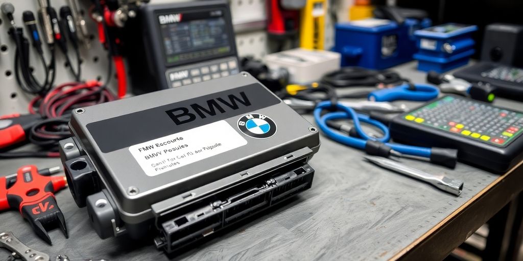 BMW FRM module on a workbench with tools.
