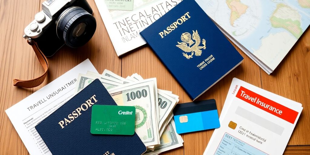 Travel essentials including passport, currency, and credit cards.