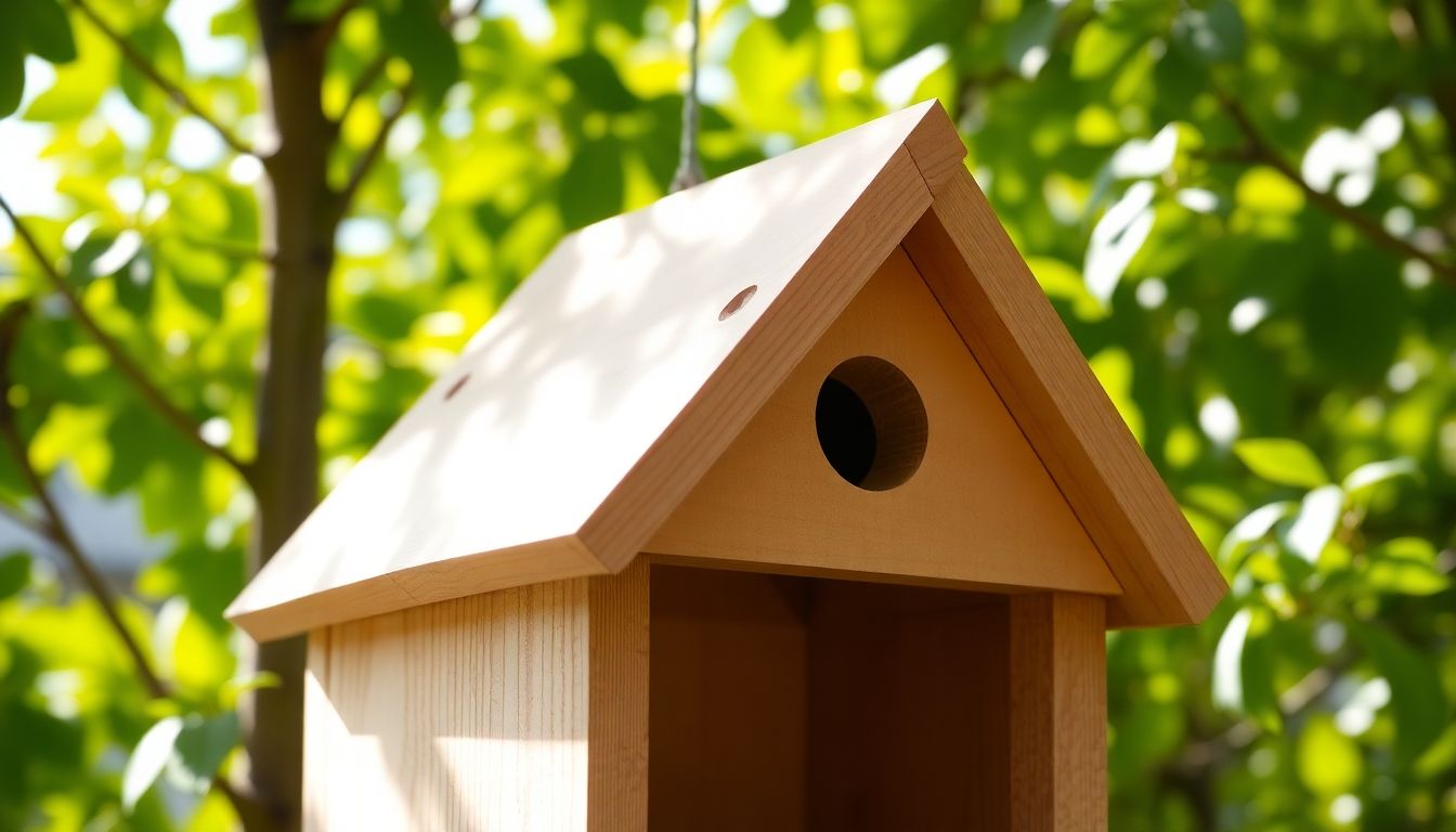 Realistic wooden birdhouse in a green garden.