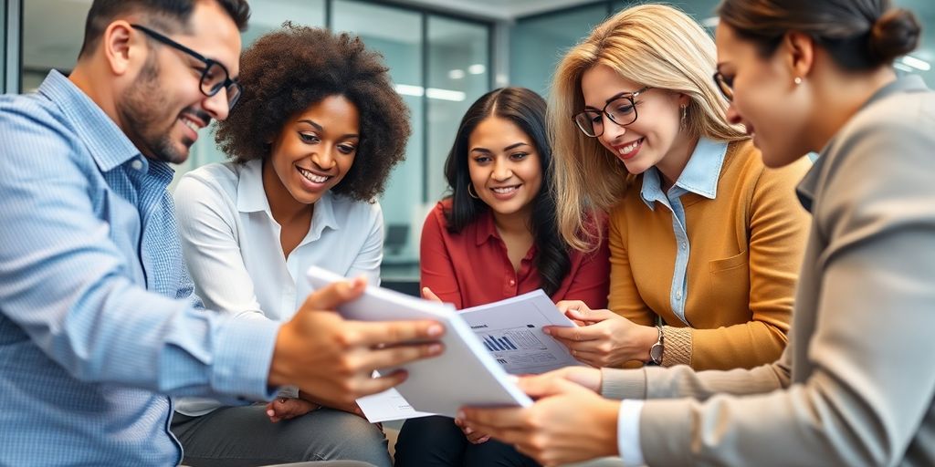 People discussing finance in a modern office setting.