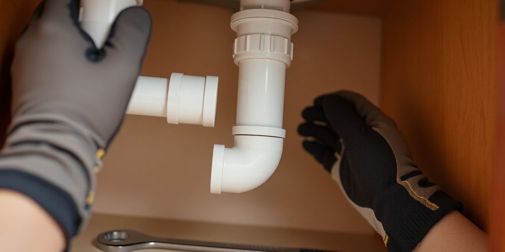 Hands installing drain pipe under kitchen sink.