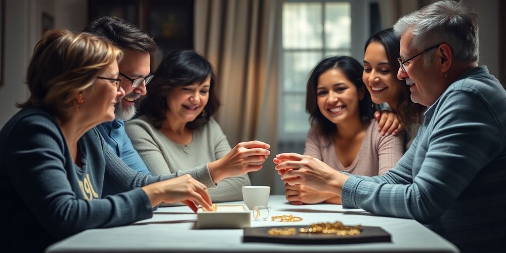 Famille réunie autour d'une table, discutant de l'or.