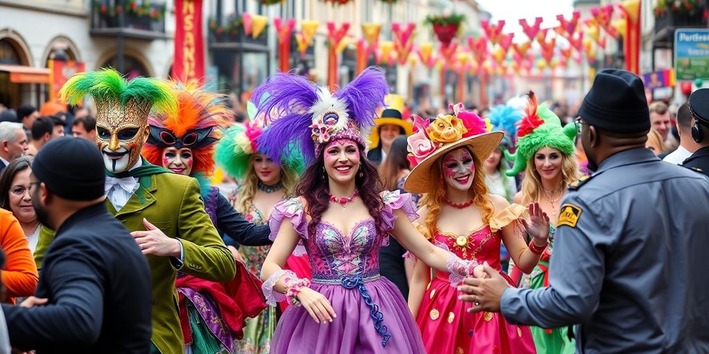 Colorful costumes and masks at Rhineland Carnival celebration.
