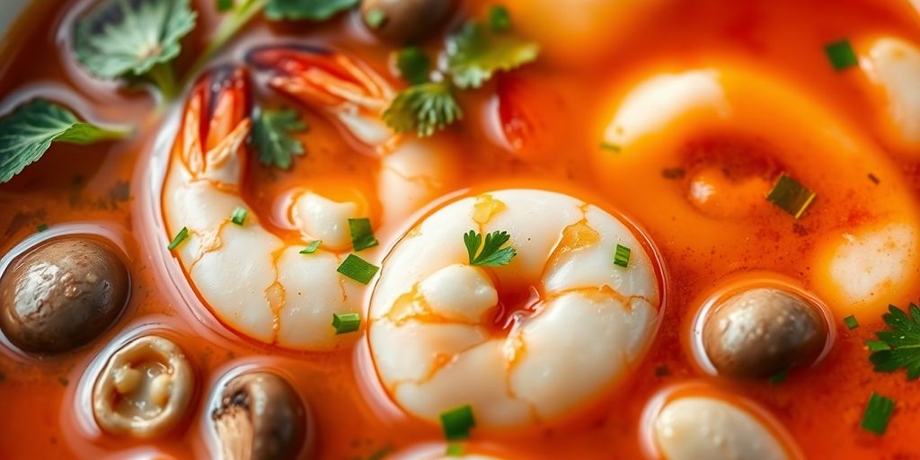 ต้มยำกุ้ง กุ้งและเห็ดในชามน้ำซุปสีแดง