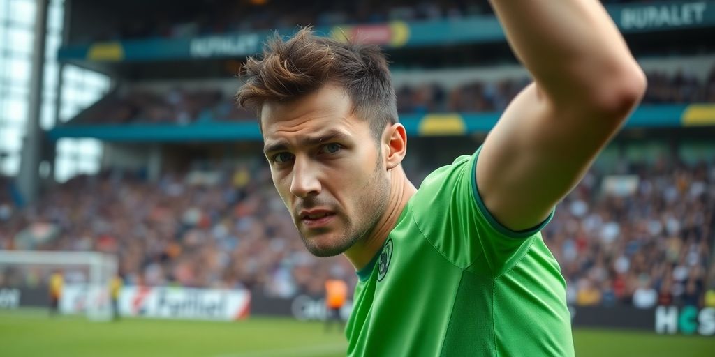 Soccer player in offside position, arm raised, looking confused.