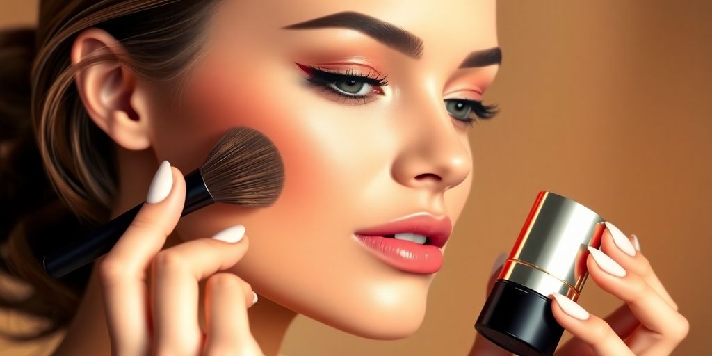 Glamorous woman applying makeup with Coty products.