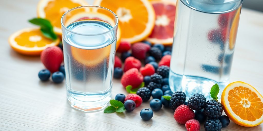 Water glass, bottle, and fruit.