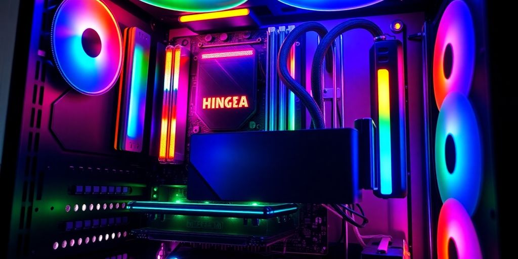 Gros plan d'un PC de jeu avec éclairage RGB et composants.