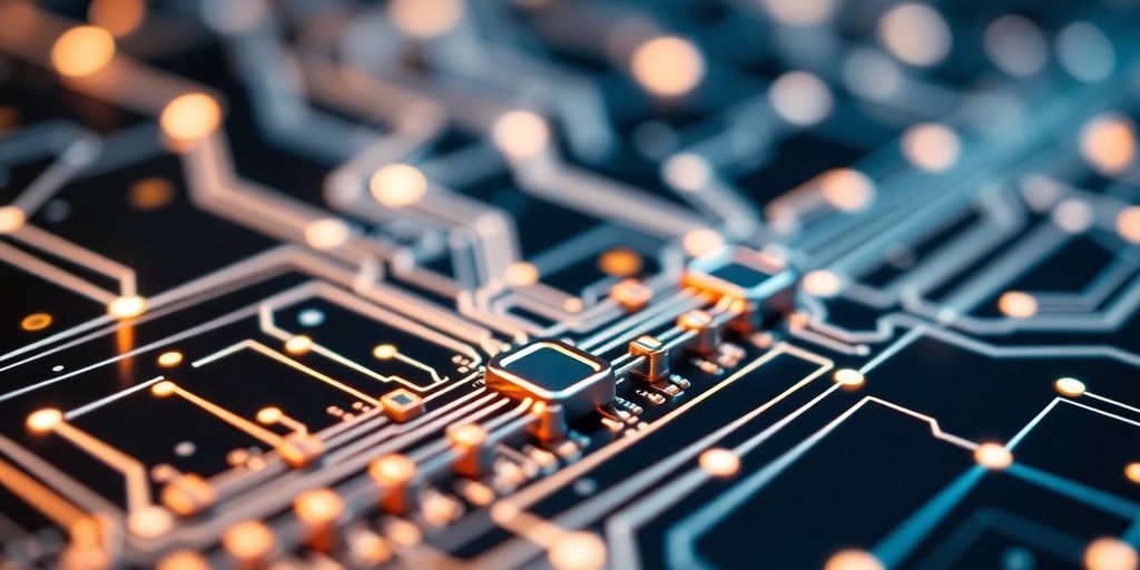 Digital circuit board with interconnected nodes and glowing lines.