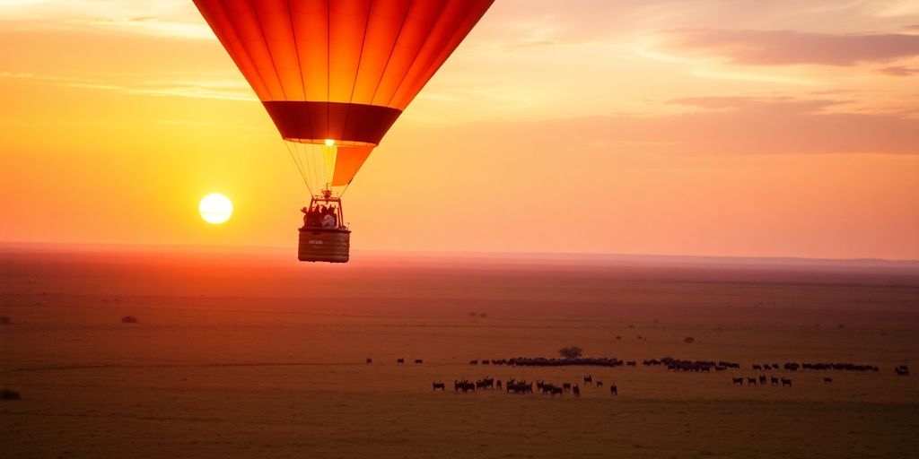 Hot air balloon over Serengeti at sunrise.