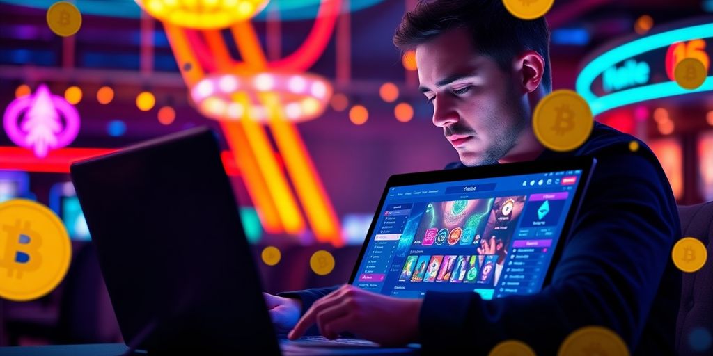 Gambler at laptop with digital currencies and neon lights.