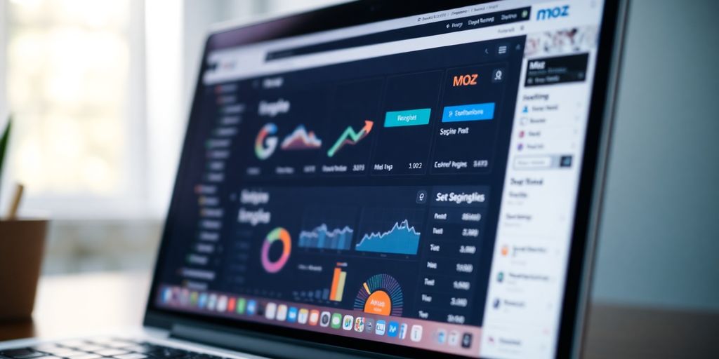 Laptop screen with Moz SEO tools visible