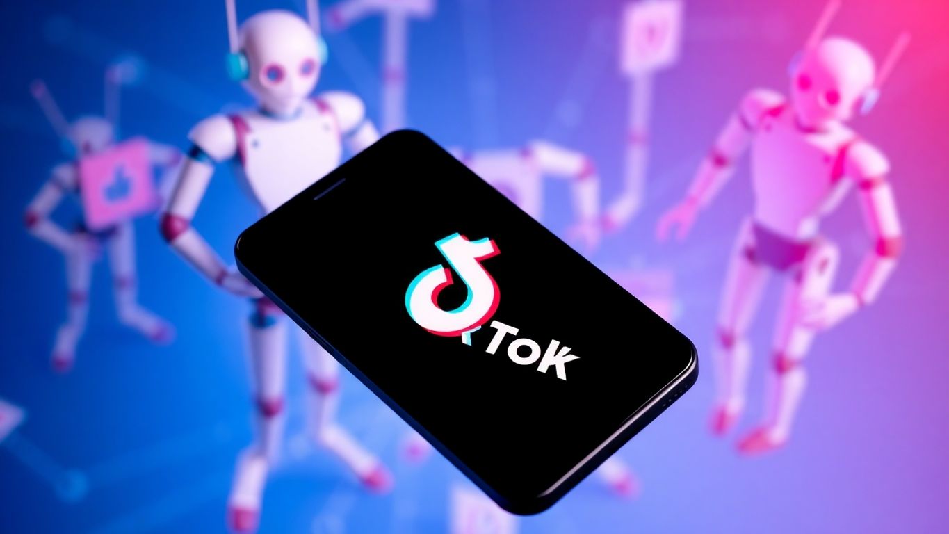 Smartphone with TikTok logo and digital bots in background.