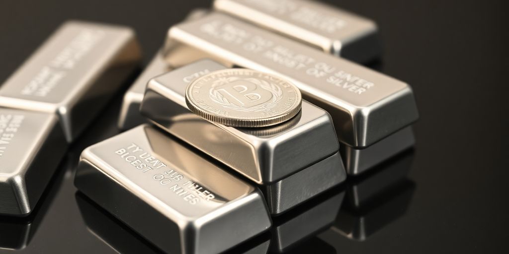 Photographie de lingots d'argent empilés et d'une pièce unique.