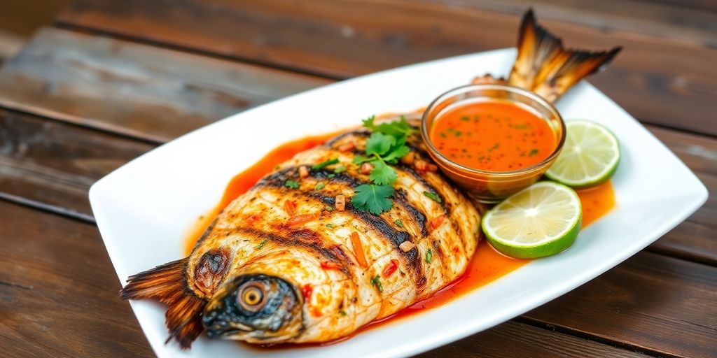 ปลาเผาพร้อมน้ำจิ้มซีฟู้ดที่แซ่บและสดใส