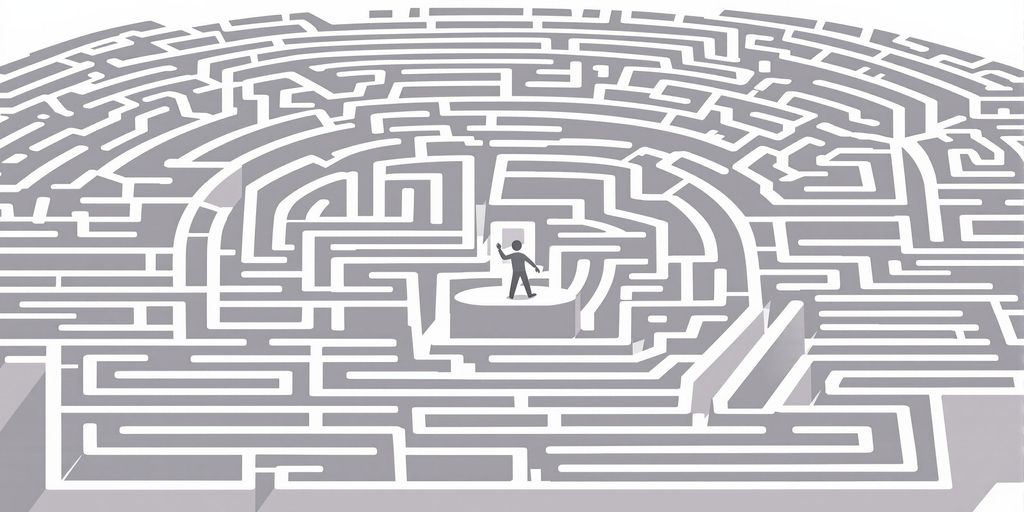 A shadowy figure in a maze of digital paths.