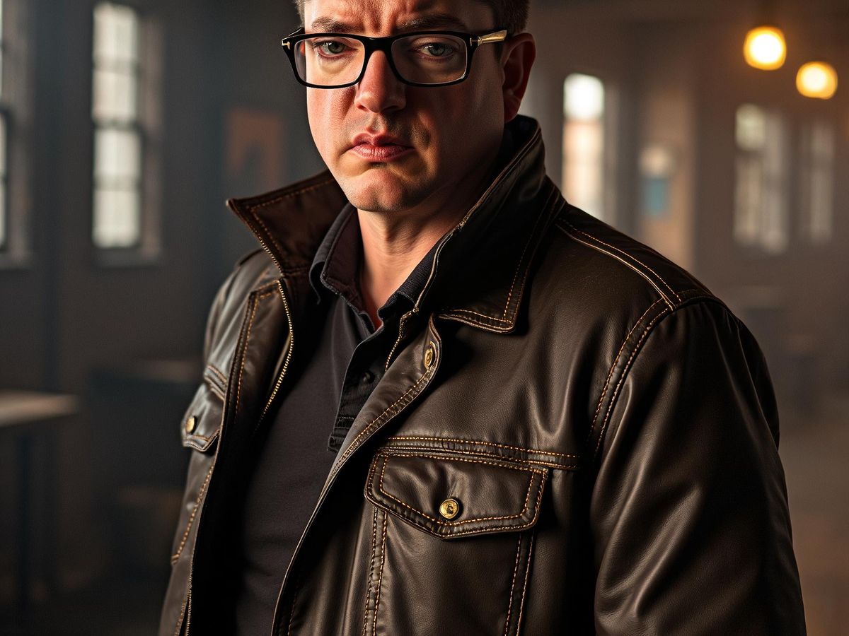 A person in a leather jacket with a serious expression.