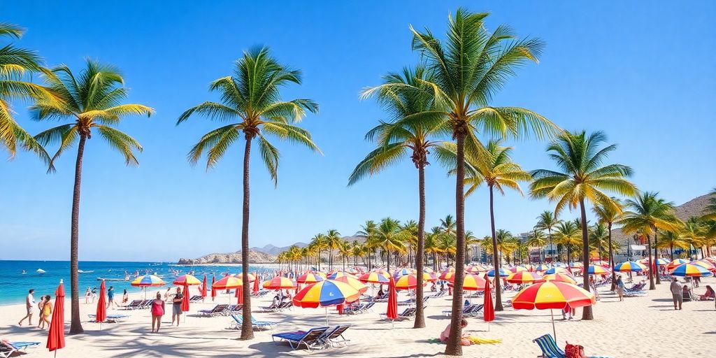 Tropical beach in Cabo with clear blue water and palms.