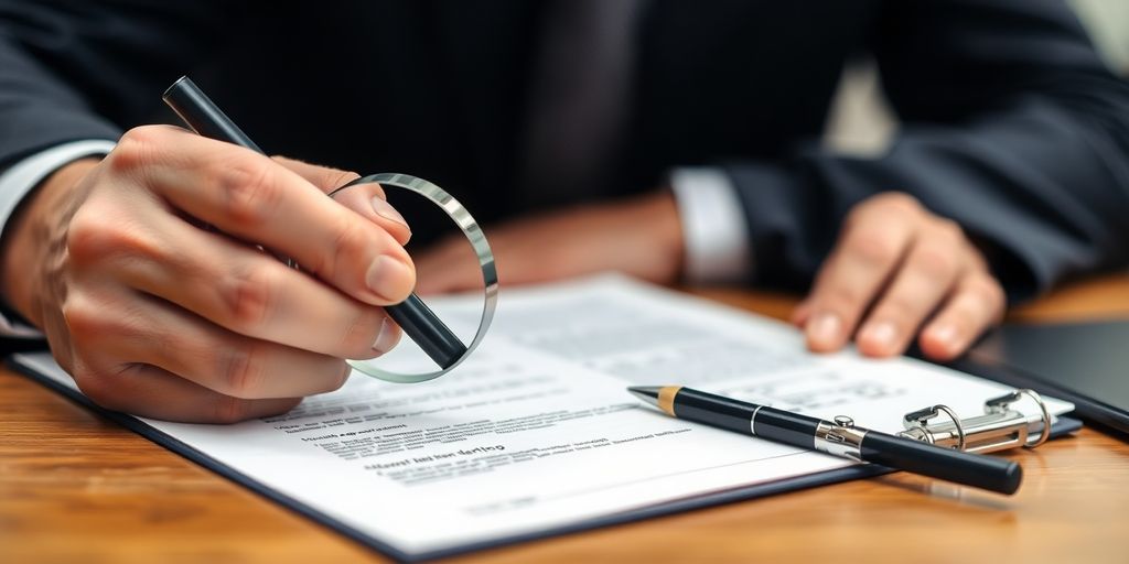 Private investigator analyzing a case file with a magnifying glass.