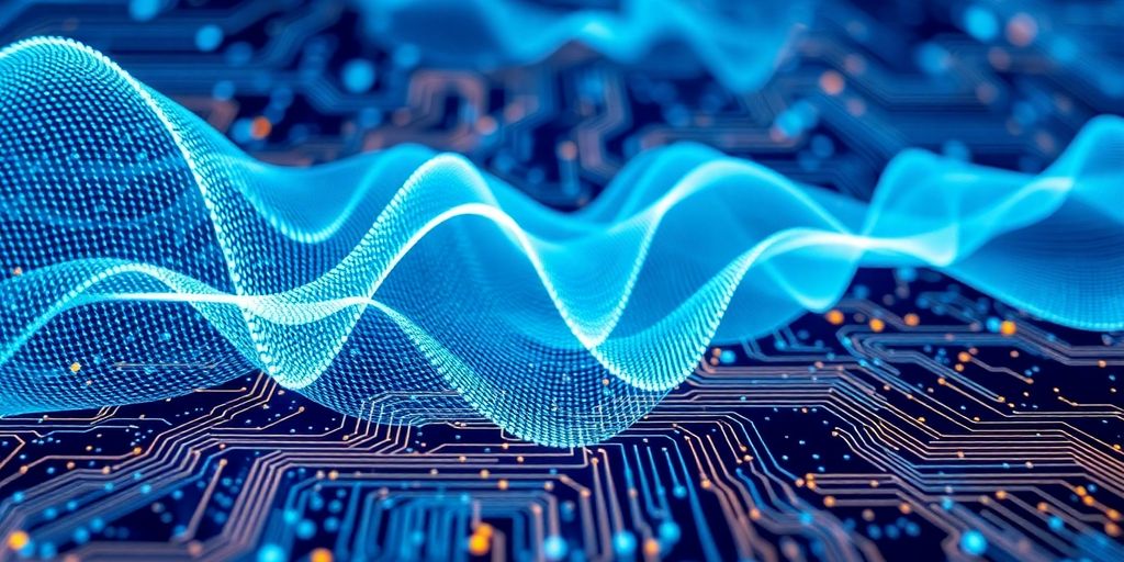 Musical waveform transforming into digital code.