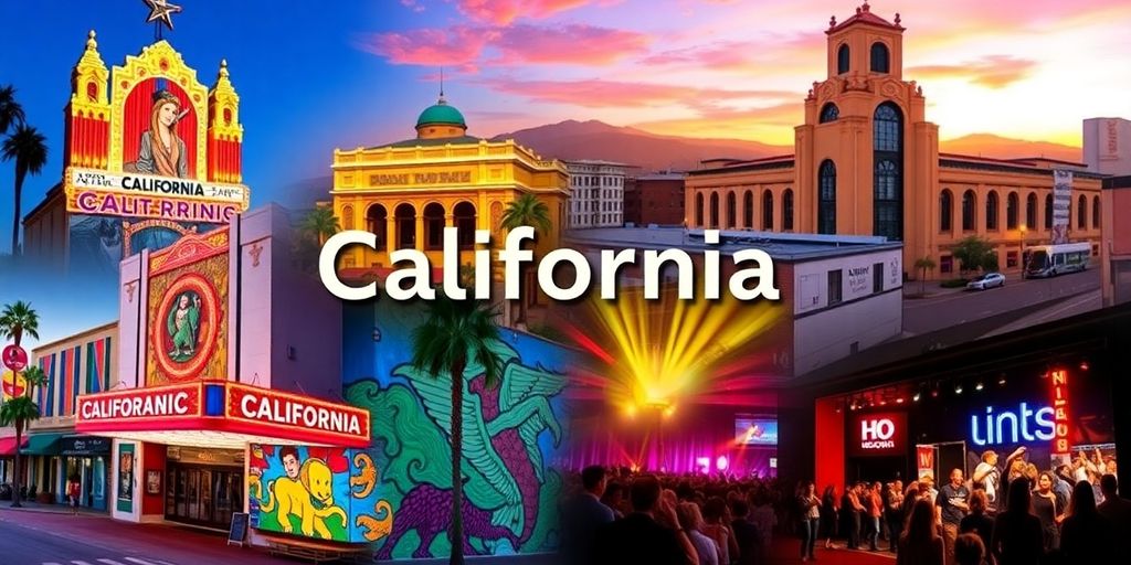 Collage of California's cities showcasing arts and entertainment.