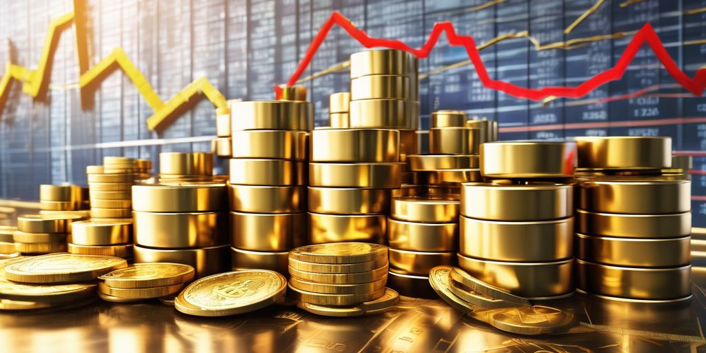 gold bars and coins with a background of a fluctuating stock market graph, symbolizing economic uncertainty and inflation