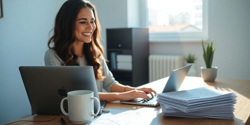 Laptop, coffee, remote work, mortgage papers, happy person