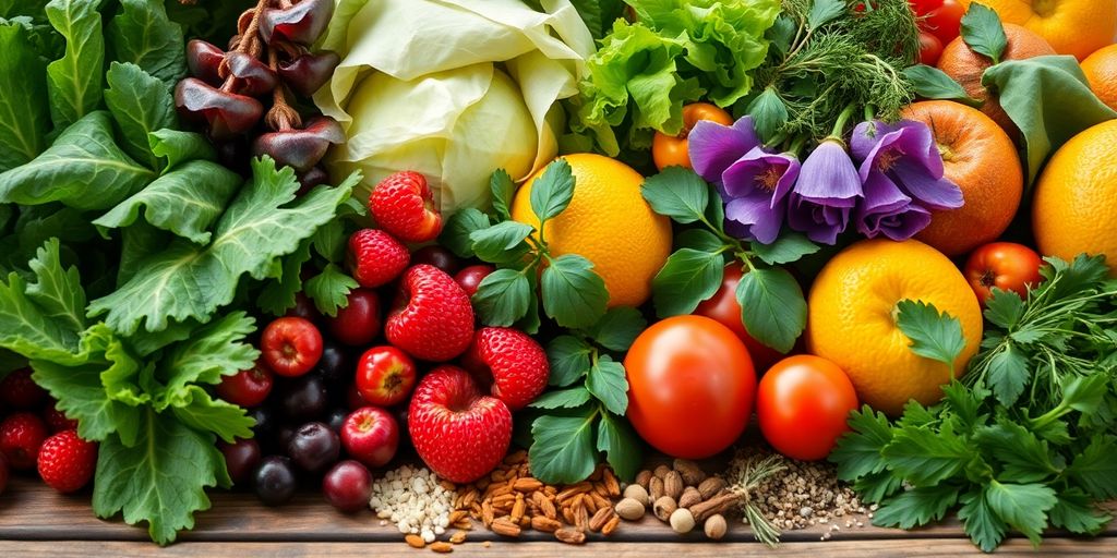 Colorful fresh produce, herbs, spices on a wooden table.