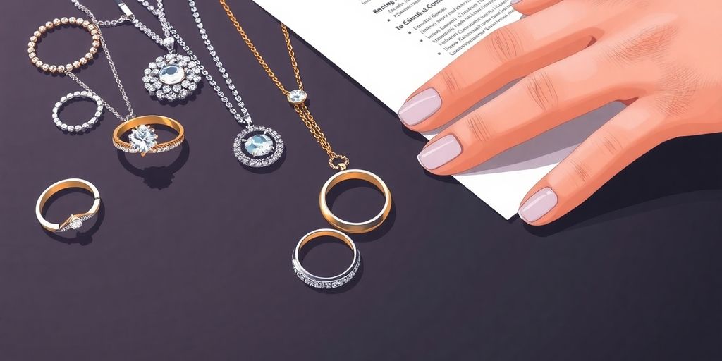Sparkling jewelry, resume, and professional hand.