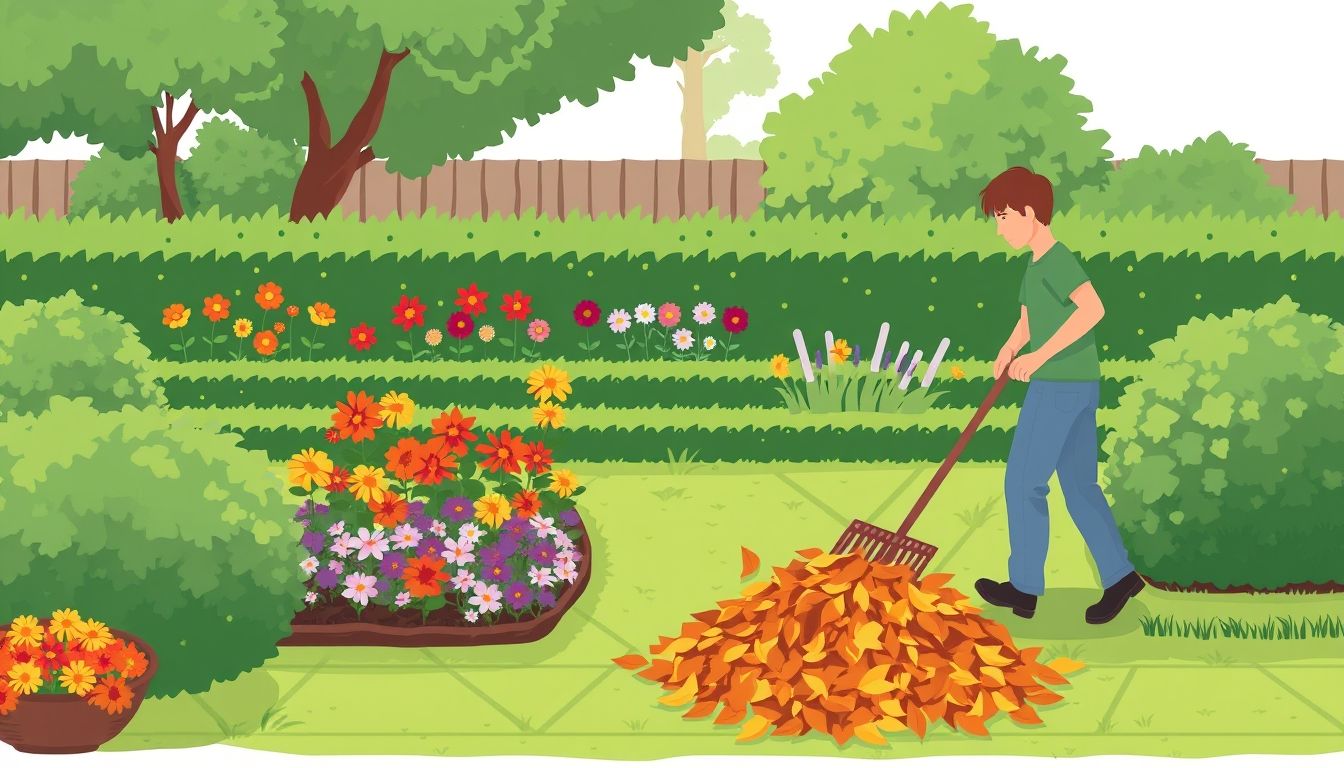 Person raking leaves in a tidy garden