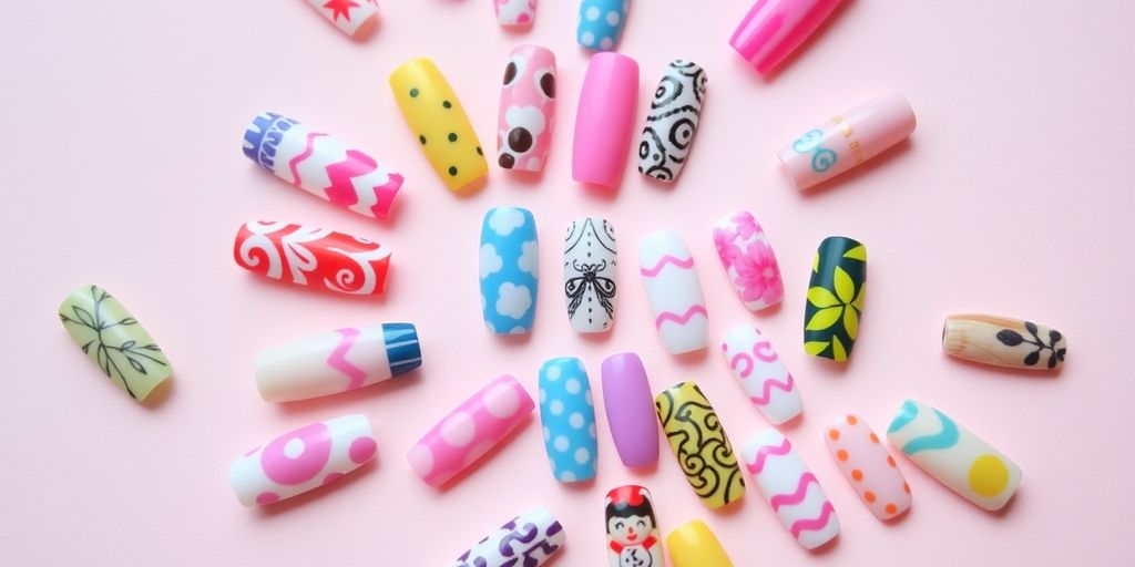 Colorful press on nails in various designs and sizes.