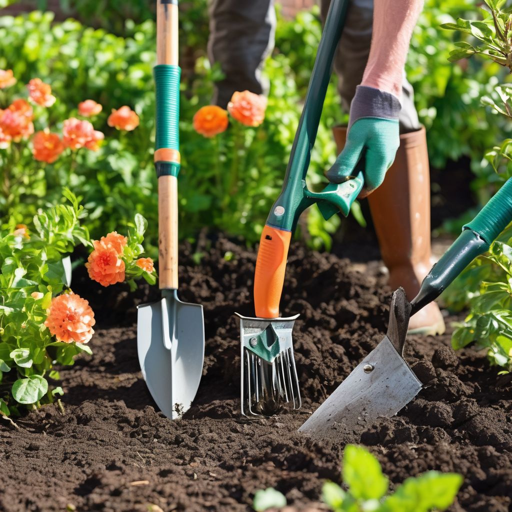 gardening tools in use in a garden, budget-friendly, high-quality, pruning, digging, weeding