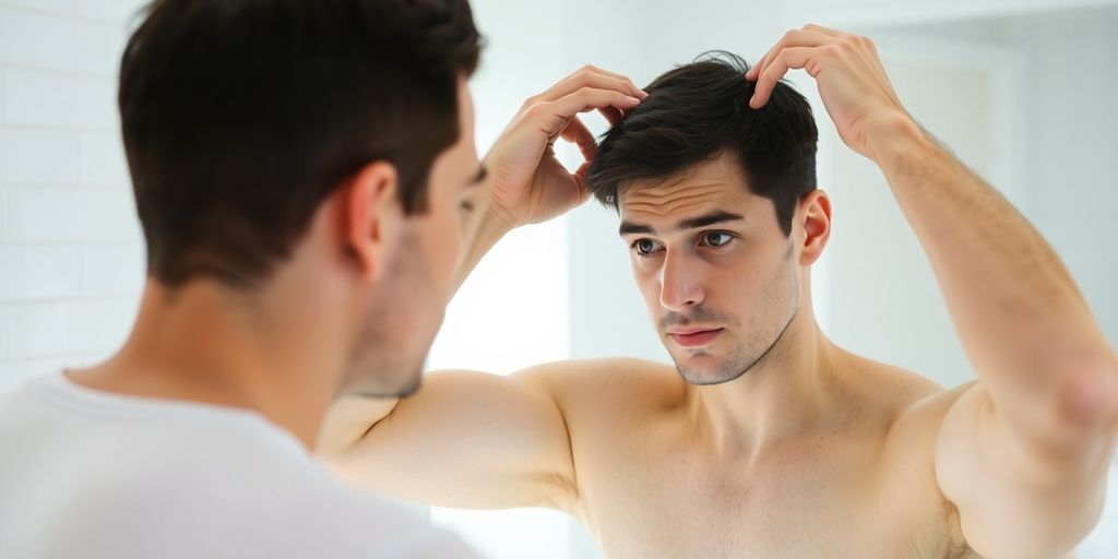 Homem olhando o cabelo no espelho.