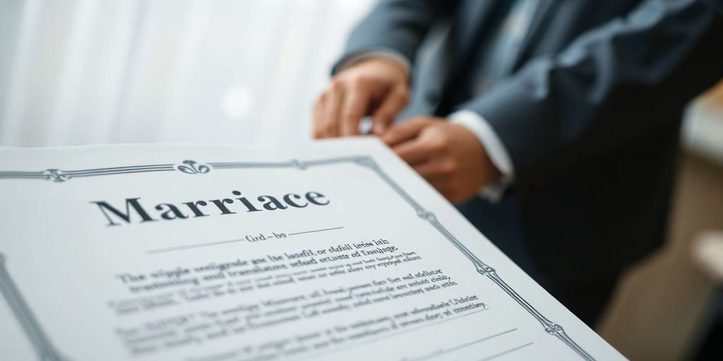 Marriage certificate with a couple's hands in background.