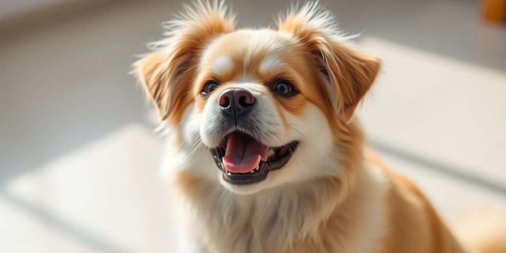 Happy dog after grooming with fluffy fur and bright eyes.