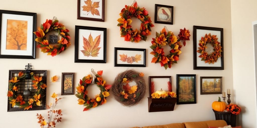 Autumn-themed art and decor on a wall.