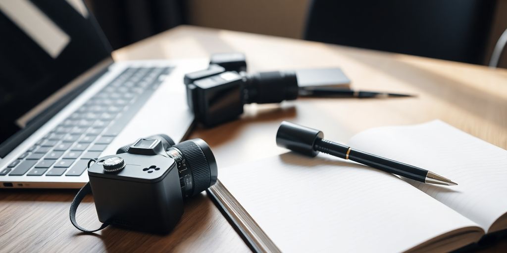 Journalist's desk with laptop, camera, and notebook.