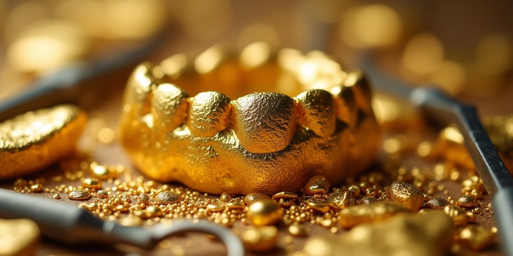 Pièces d'or dentaire brillantes et outils associés.
