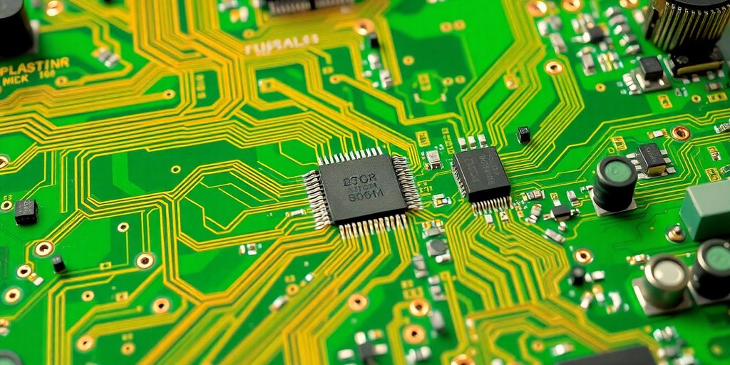 Circuit imprimé vert avec puces brillantes, composants électroniques.