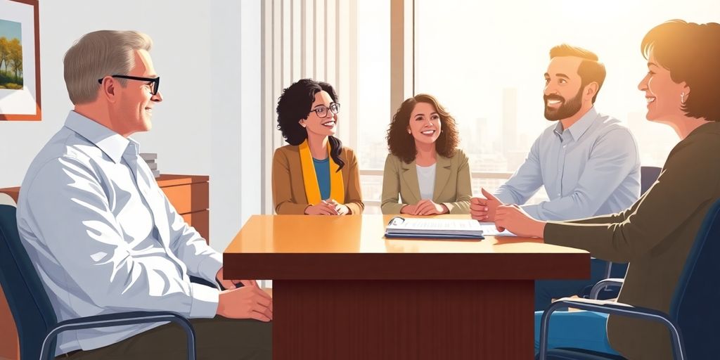Financial planner meeting with diverse clients.