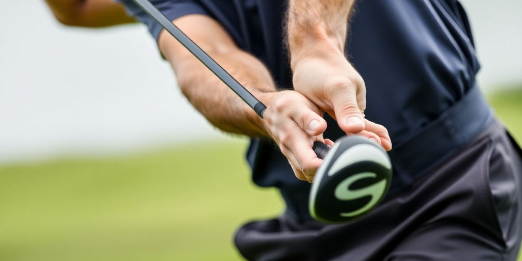 Man powerfully swinging golf club, blurred motion.
