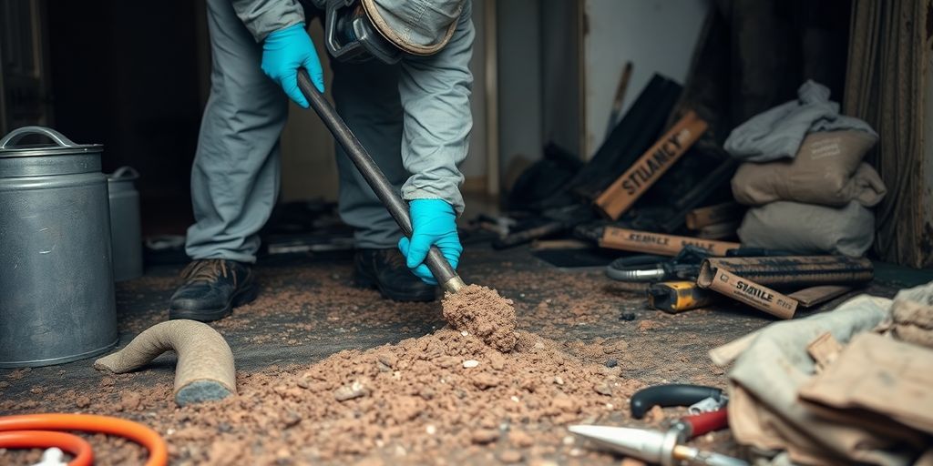 Technician cleaning fire-damaged property with protective gear.