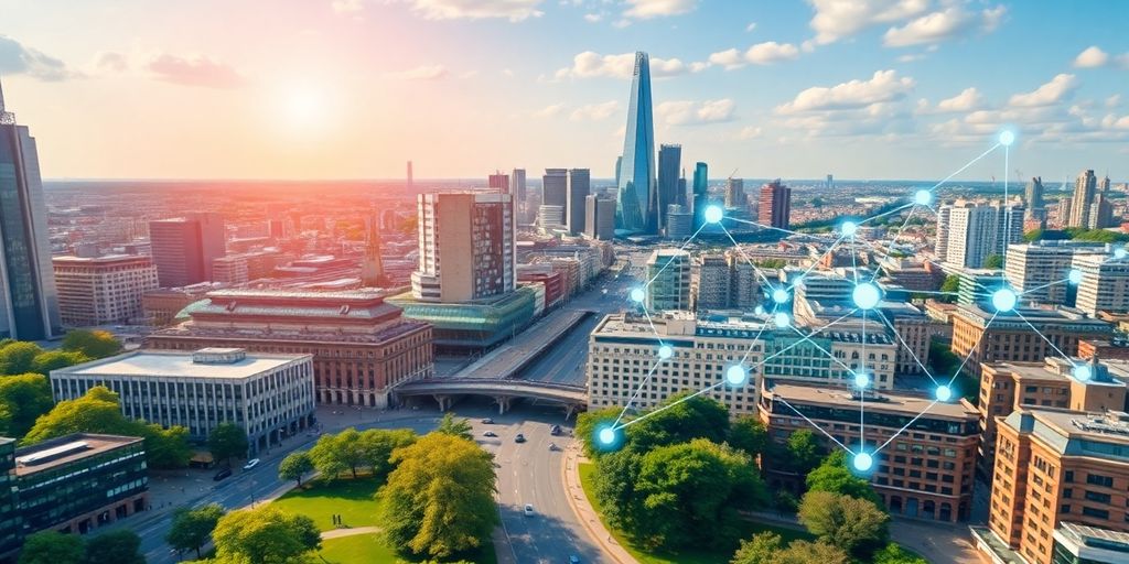 London cityscape with blockchain elements overlay.