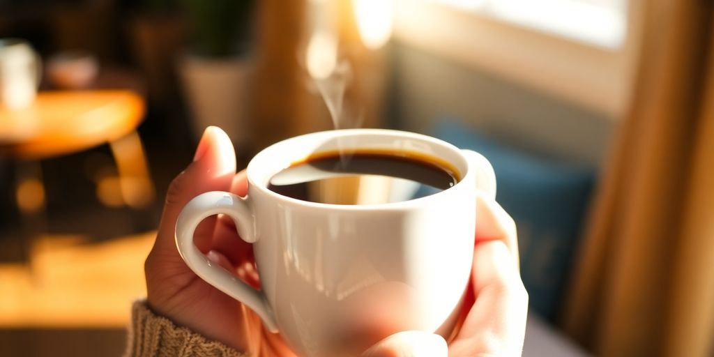 Man sips lungo coffee from a white mug.
