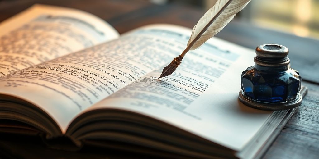 Open book, flowing ink, warm lighting