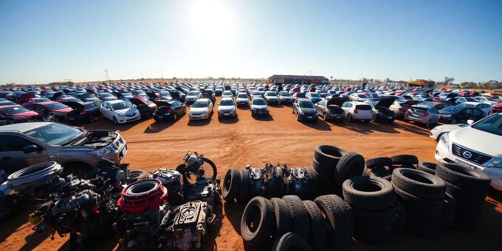 Used Nissan parts in a car wrecker yard.