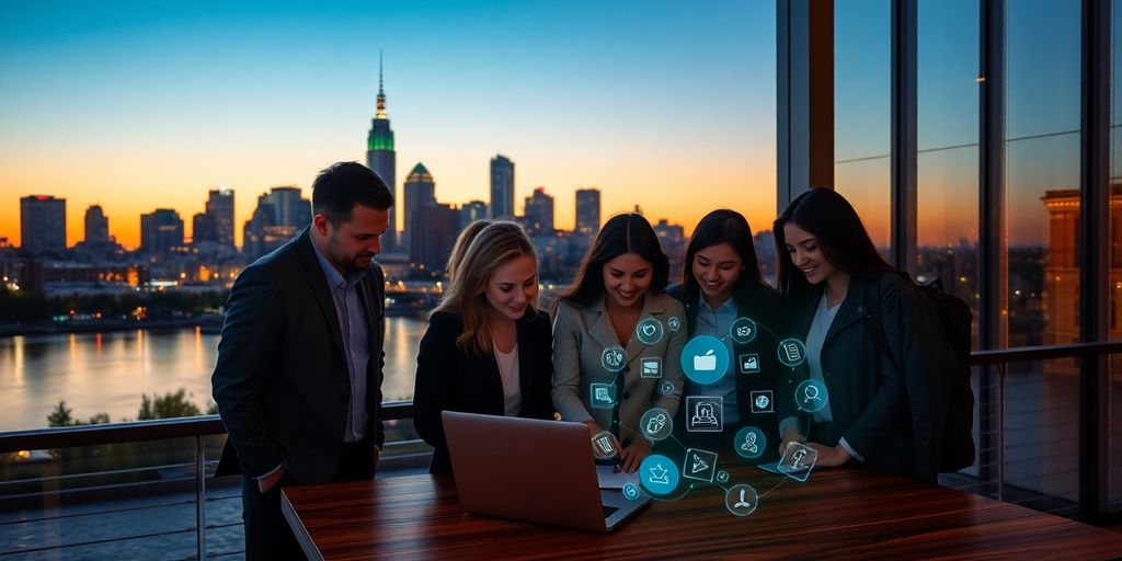 Diverse professionals gathered around laptop with Milwaukee skyline at sunset