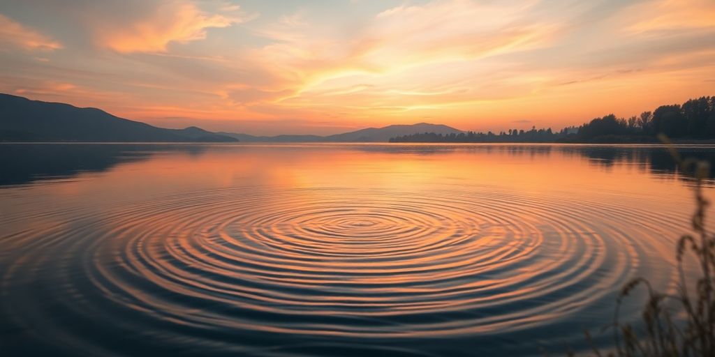 Landscape with sound waves rippling across a calm lake.