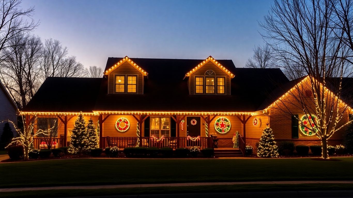 House with glowing permanent Christmas lights at dusk