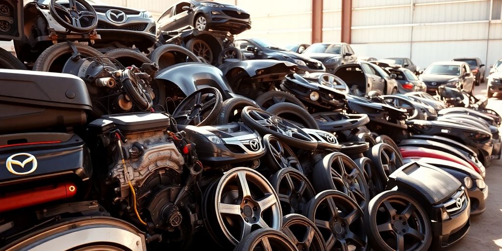 Mazda parts in auto wrecking yard.